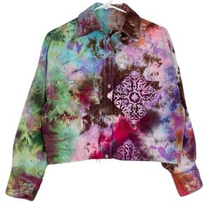 Handmade Tie Dye Button Down Shirt Top Womens Size Small Colorful Painted Crop